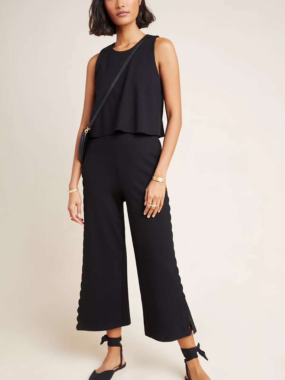 Anthropologie| Freya Black Sleeveless Wide Scalloped Leg Cropped Jumpsuit Sz 0